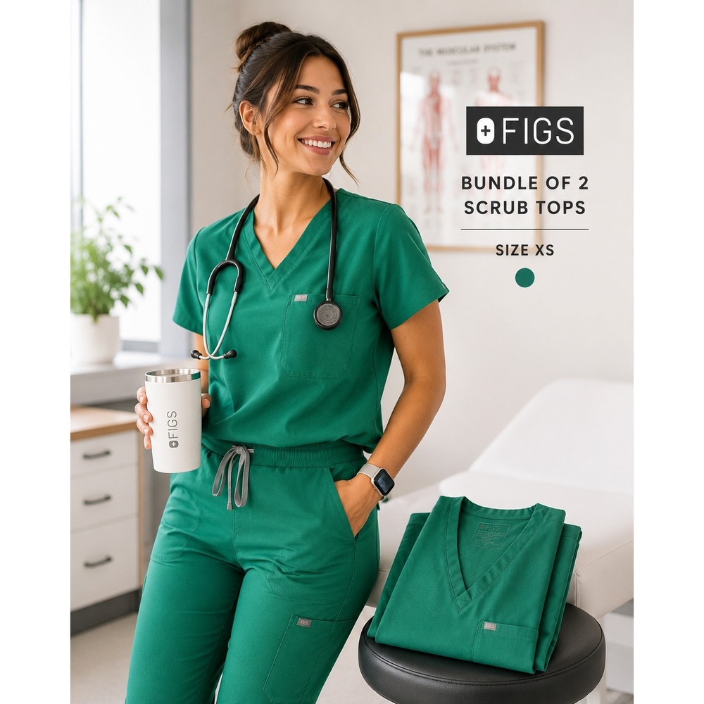 Figs Technical‎ Collection Green V-Neck Scrub Tops Set of 2 XS Excellent Green